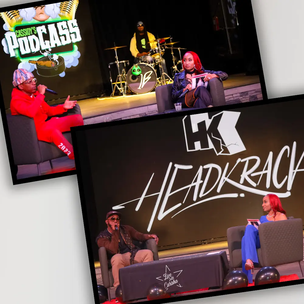 Two staggered photos of Live With Carisha's stage. The first shows Cassidy, dressed in an all red sweatsuit and multicolor winter cap, and brown-tinted sunglasses, speaking into the microphone while seated on the left. Carisha J, the interviewer, listens while seated to his right, wearing an early 2000s inspired black outfit with red trim.
